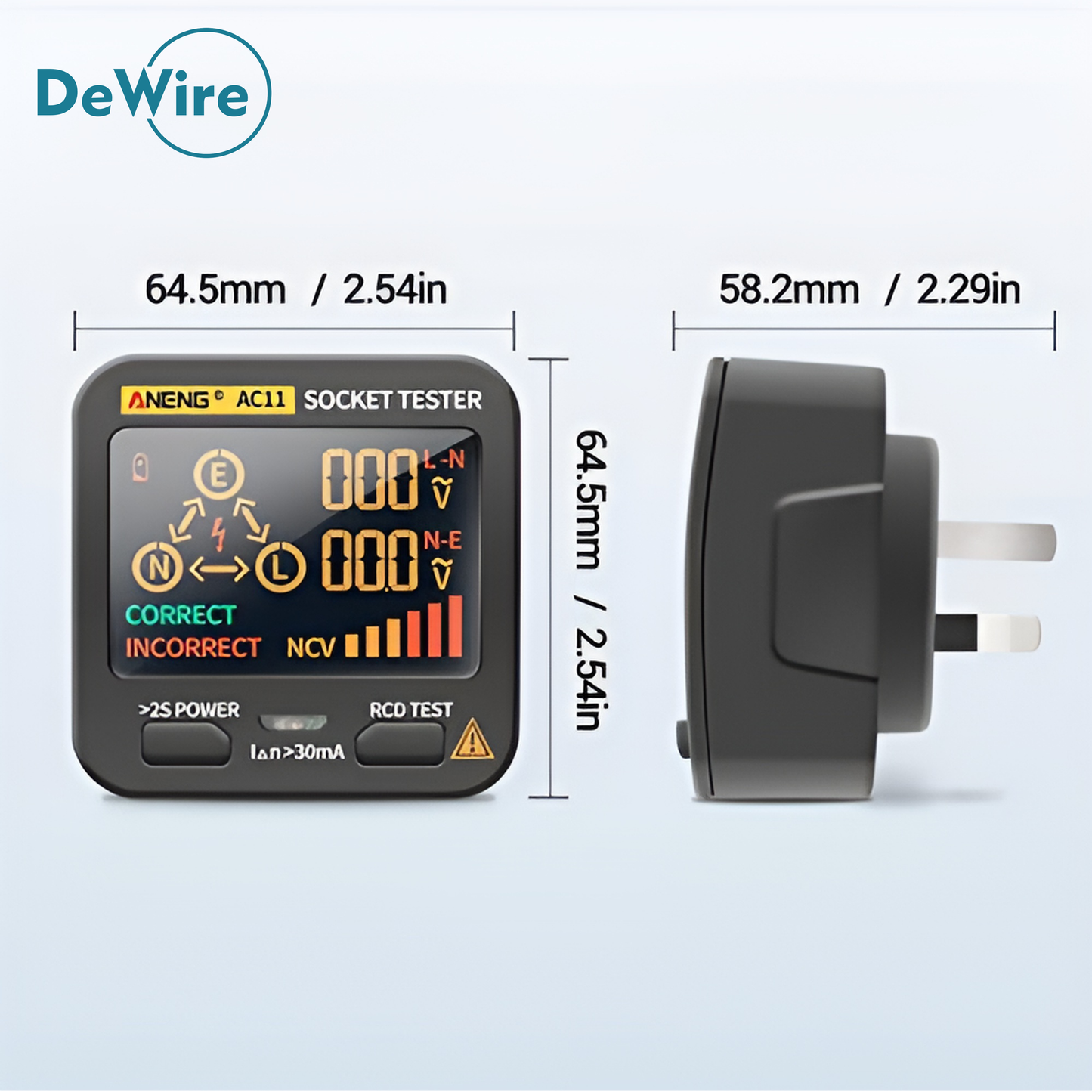 DeWire RCD Socket Tester, Large Colour Display LCD With Live Voltage And Leakage Voltage, Automatic Earth Neutral Line Wire Check Wall Plug Voltage And Leakage Tester, 230VAC